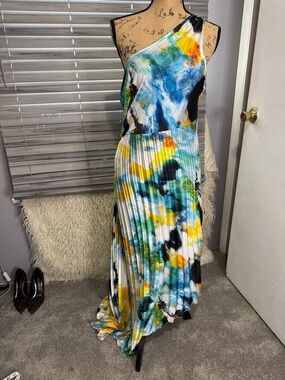 SHEIN One-Shoulder Pleated Maxi Dress in Blue, Yellow, Green and Black